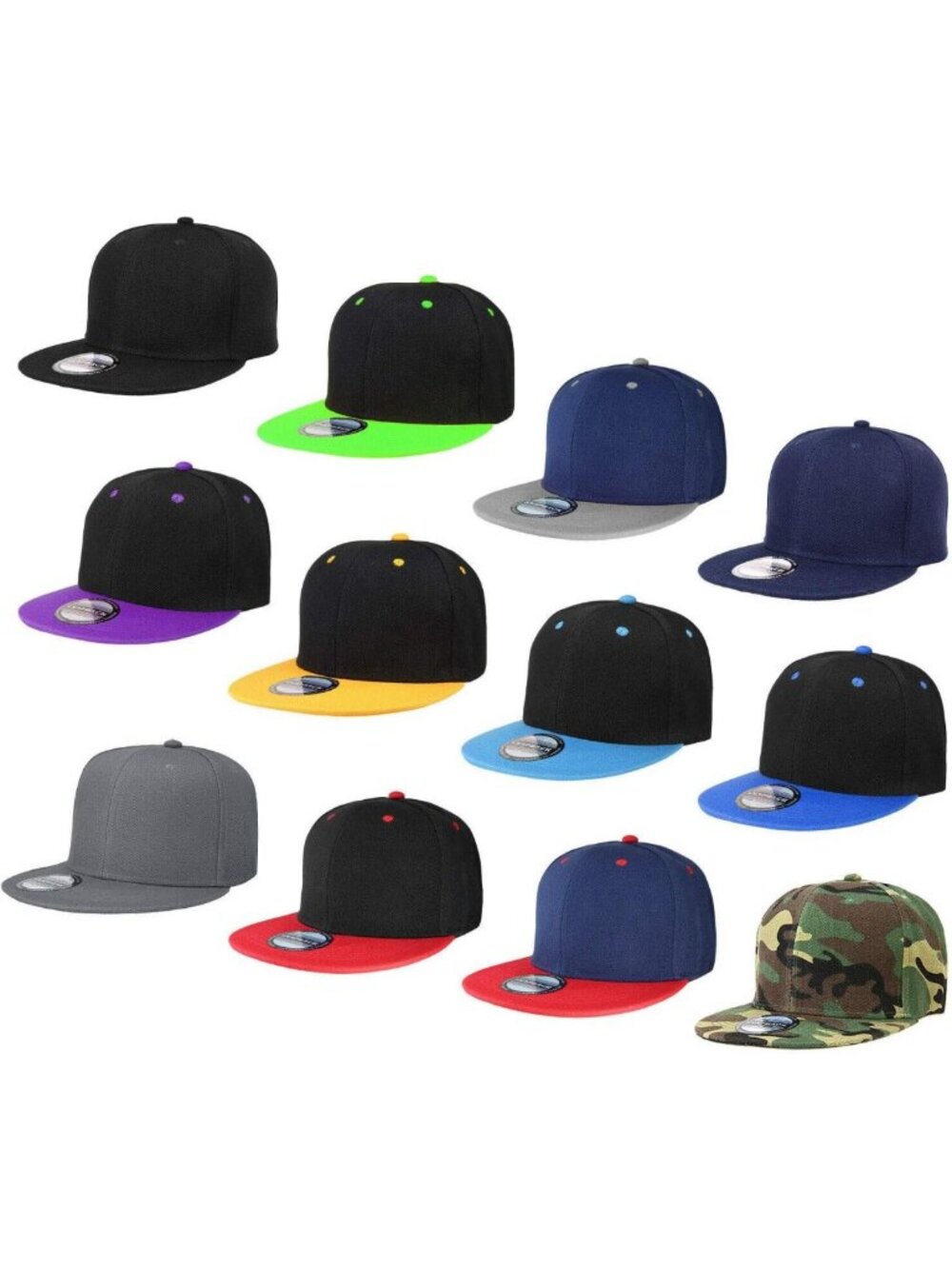 12 Pack Adjustable Snapback Hats - Hip Hop Style Flat Bill Caps, Solid Colors